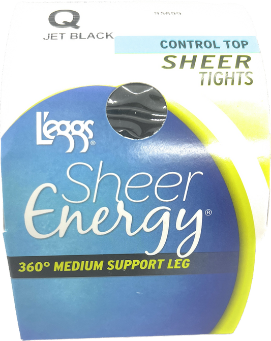 L'eggs Sheer Energy Control Top Jet Black Sheer Tights,Medium Support Pantyhose