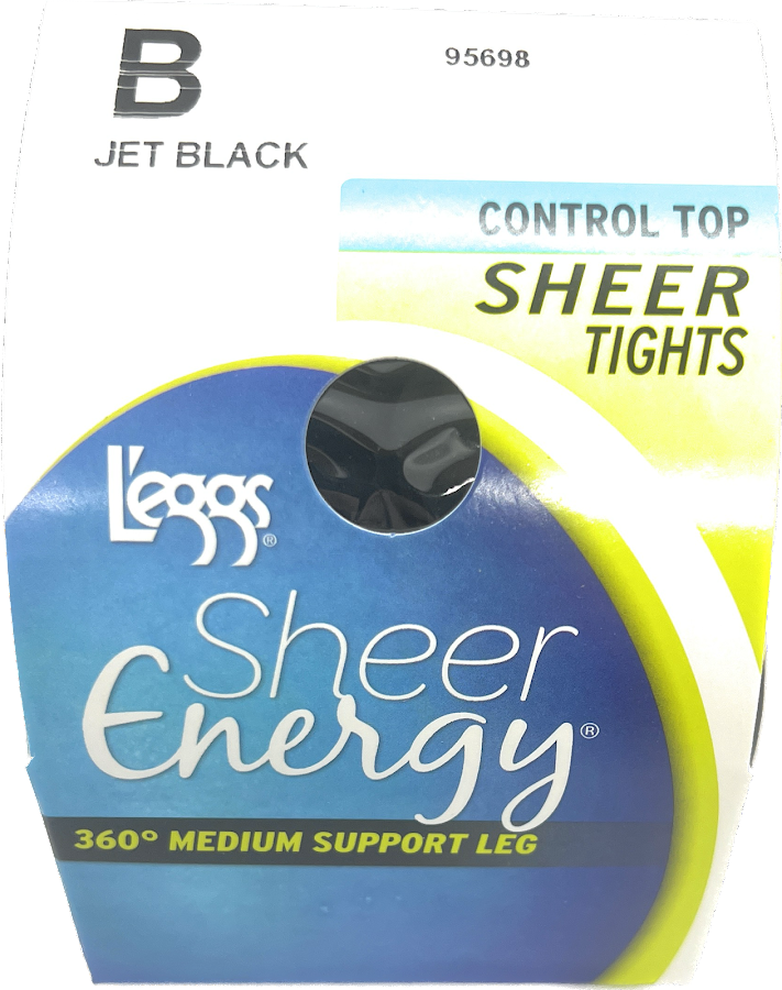 L'eggs Sheer Energy Control Top Jet Black Sheer Tights,Medium Support Pantyhose