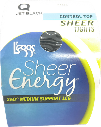 L'eggs Sheer Energy Control Top Jet Black Sheer Tights,Medium Support Pantyhose