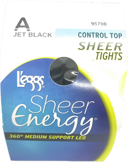 L'eggs Sheer Energy Control Top Jet Black Sheer Tights,Medium Support Pantyhose