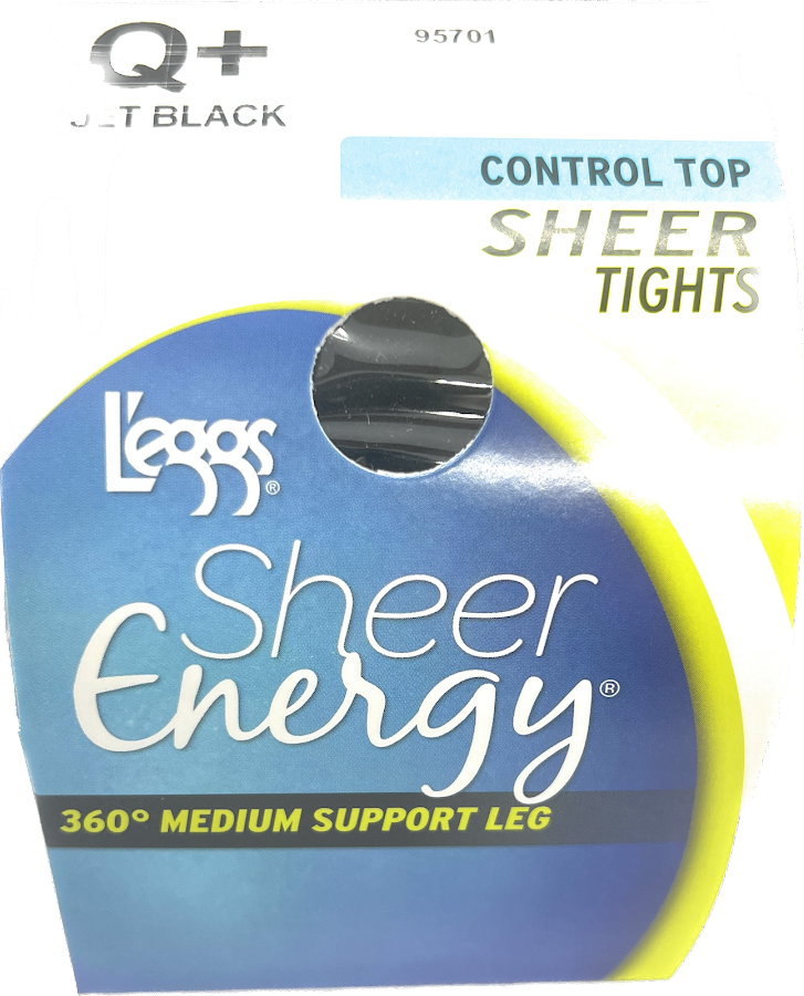 L'eggs Sheer Energy Control Top Jet Black Sheer Tights,Medium Support Pantyhose