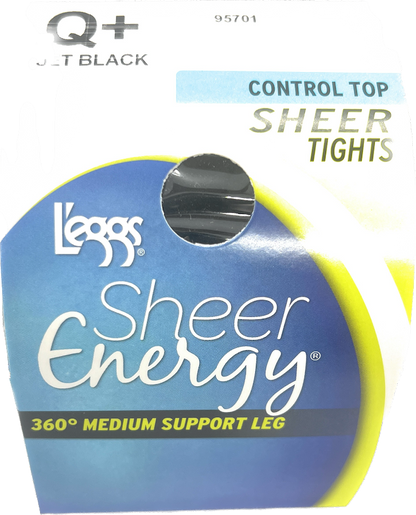 L'eggs Sheer Energy Control Top Jet Black Sheer Tights,Medium Support Pantyhose